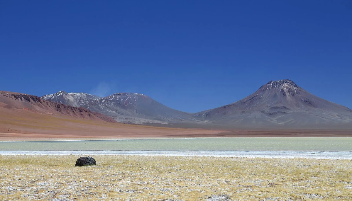 Vulcões Lascar (à esquerda) e Aguas Calientes vistos do altiplano