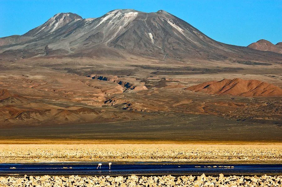 Vulcão Lascar com uma laguna do altiplano em primeiro plano